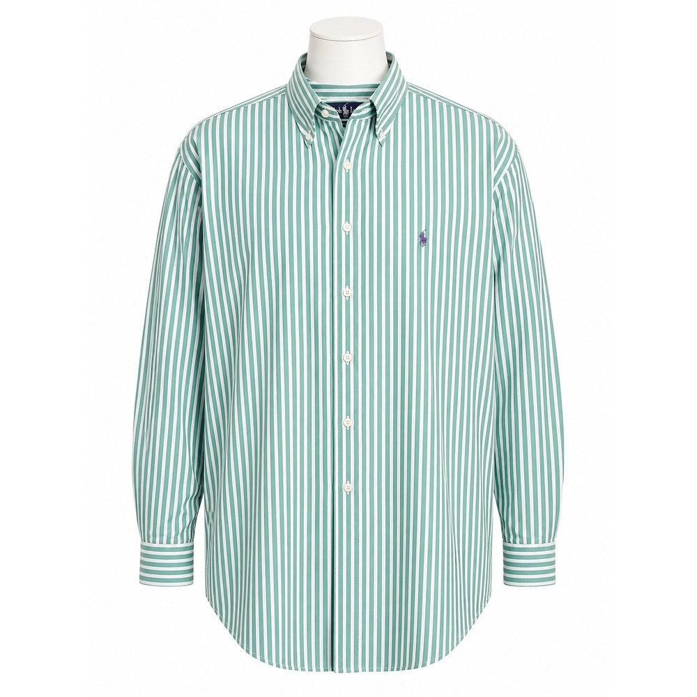 Ralph Lauren Mens XL Green White Striped Button Down Shirt Long Sleeve Cotton